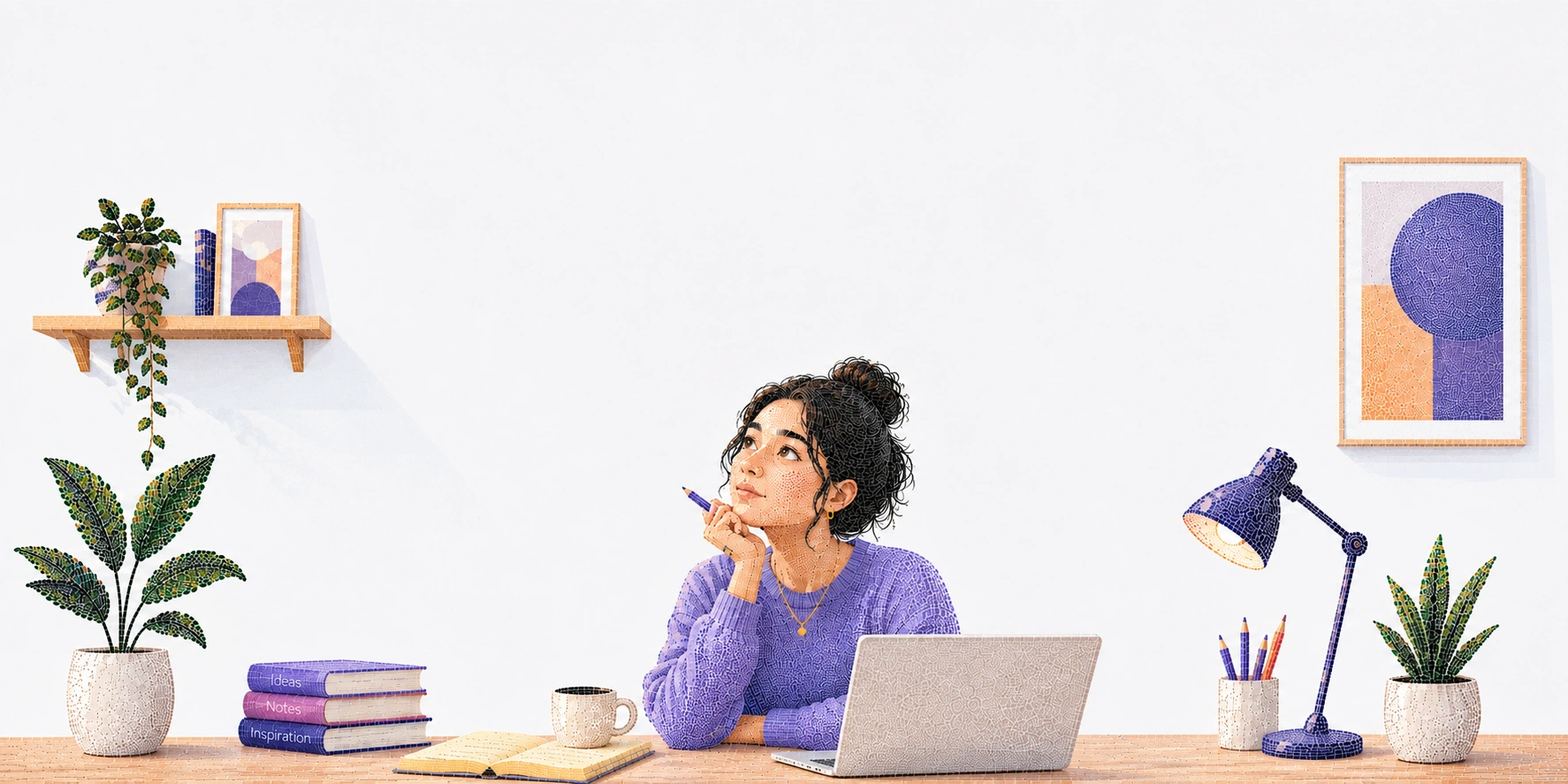 Illustration of a person thinking at a desk, surrounded by plants, books, and a notebook